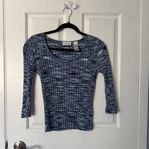 Villager Blue Marled Ribbed Scoop Neck 3/4 Sleeve Knit Sweater with Navy Accents